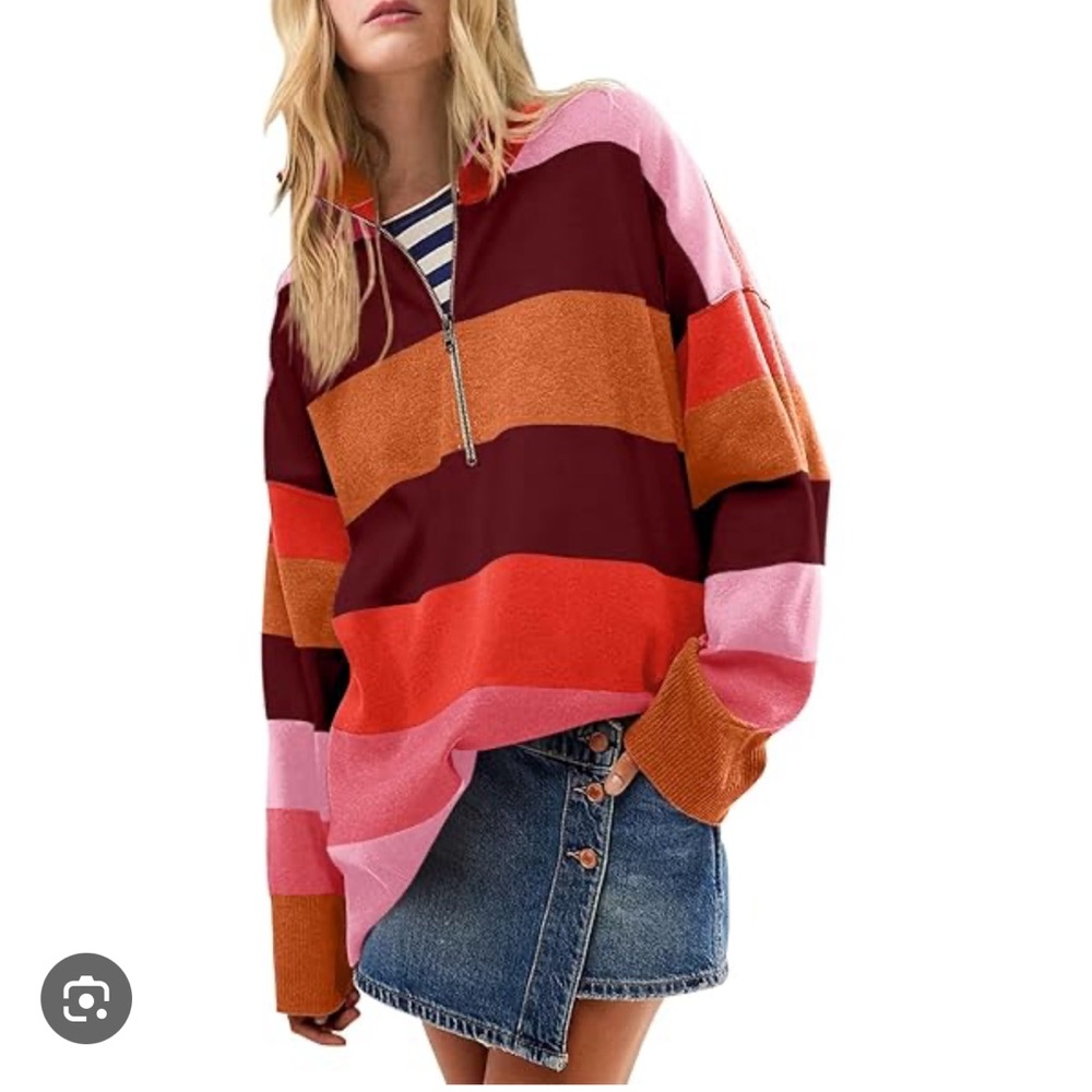 Colorful Striped Quarter-Zip Sweater Size L